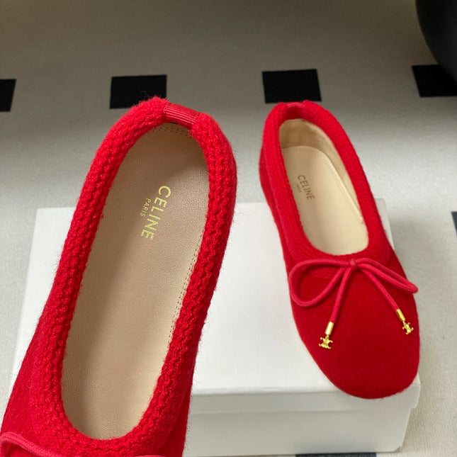 CELINE 26S BALLET FLATS IN RED WOOL WITH BOW