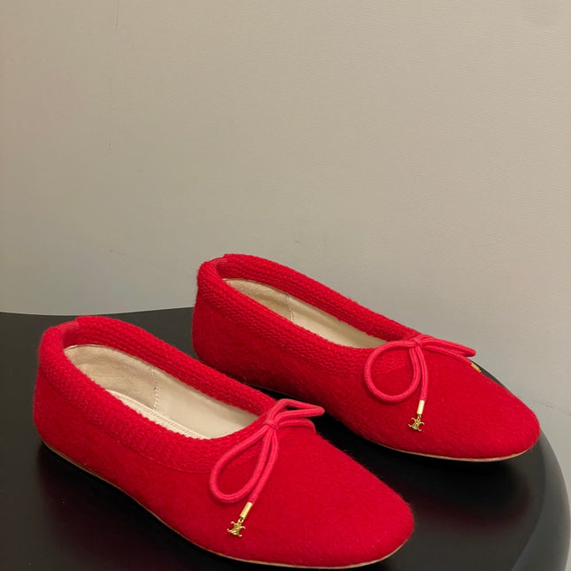 CELINE 26S BALLET FLATS IN RED WOOL WITH BOW