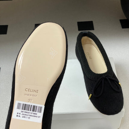 CELINE 26S BALLET FLATS IN BLACK WOOL WITH BOW