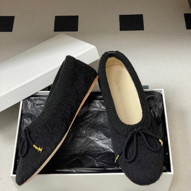 CELINE 26S BALLET FLATS IN BLACK WOOL WITH BOW