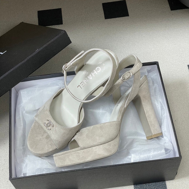 CHANEL 26S HIGH HEEL SANDALS 120 MM IN CREAM BEIGE SUEDE