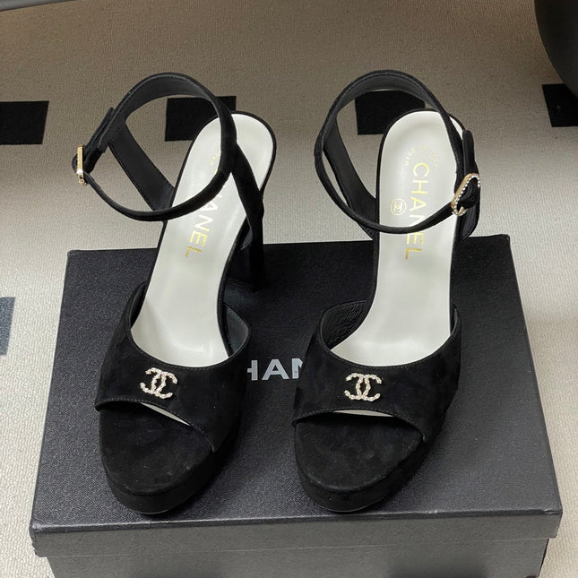 CHANEL 26S HIGH HEEL SANDALS 120 MM IN BLACK SUEDE