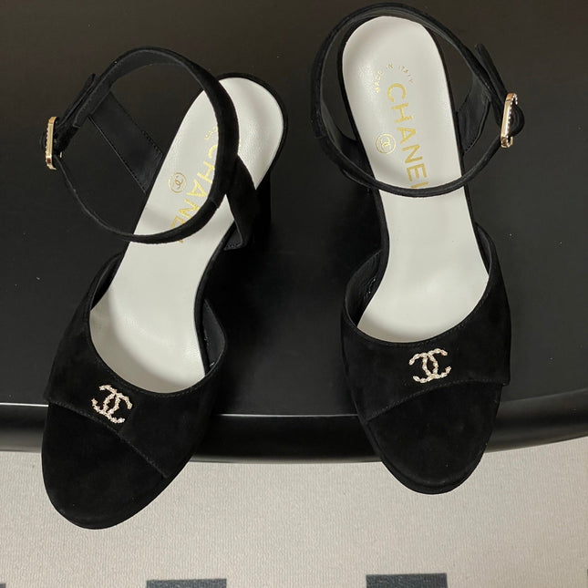 CHANEL 26S HIGH HEEL SANDALS 120 MM IN BLACK SUEDE