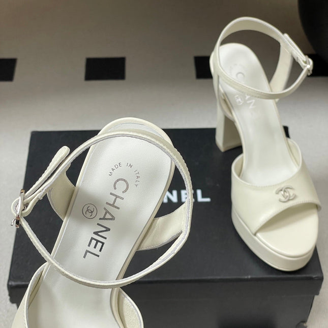 CHANEL 26S HIGH HEEL SANDALS 120 MM IN CREAM WHITE LAMBSKIN