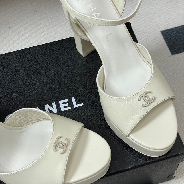 CHANEL 26S HIGH HEEL SANDALS 120 MM IN CREAM WHITE LAMBSKIN