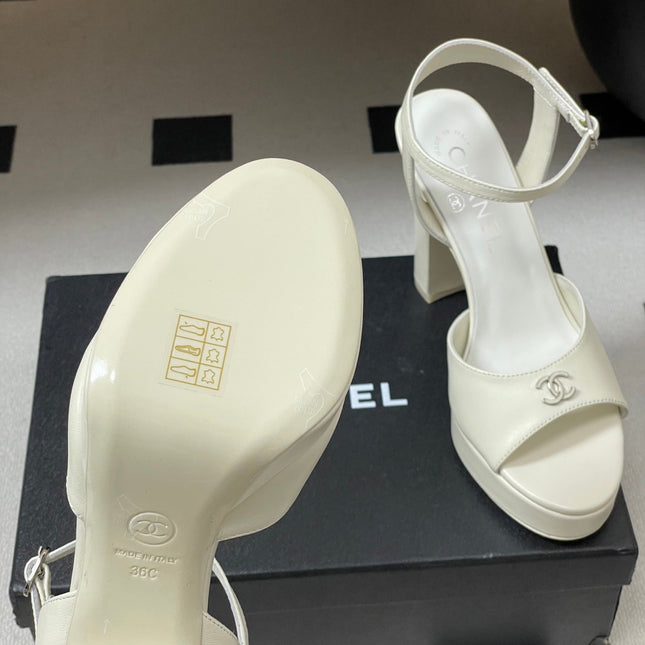 CHANEL 26S HIGH HEEL SANDALS 120 MM IN CREAM WHITE LAMBSKIN