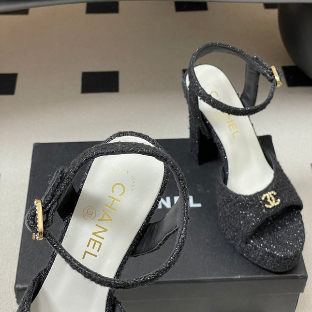 CHANEL 26S HIGH HEEL SANDALS 120 MM IN BLACK TWEED