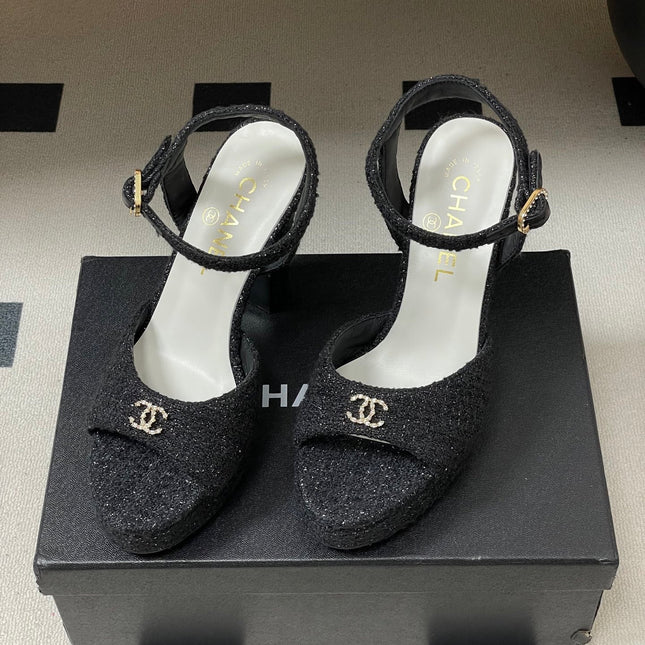 CHANEL 26S HIGH HEEL SANDALS 120 MM IN BLACK TWEED