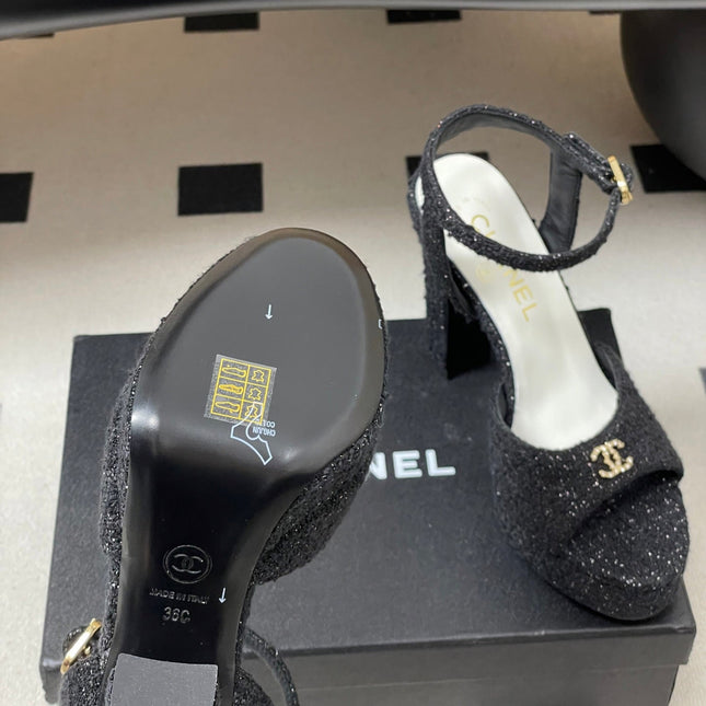 CHANEL 26S HIGH HEEL SANDALS 120 MM IN BLACK TWEED