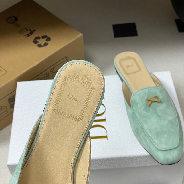 DIOR 26S MULES IN LIGHT MINT GREEN SUEDE WITH BOW