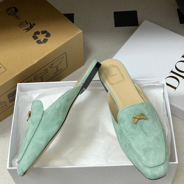 DIOR 26S MULES IN LIGHT MINT GREEN SUEDE WITH BOW