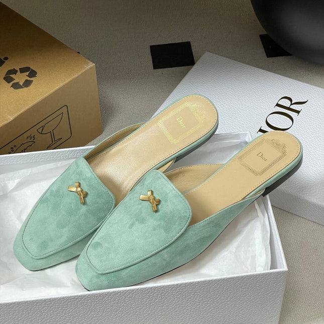 DIOR 26S MULES IN LIGHT MINT GREEN SUEDE WITH BOW