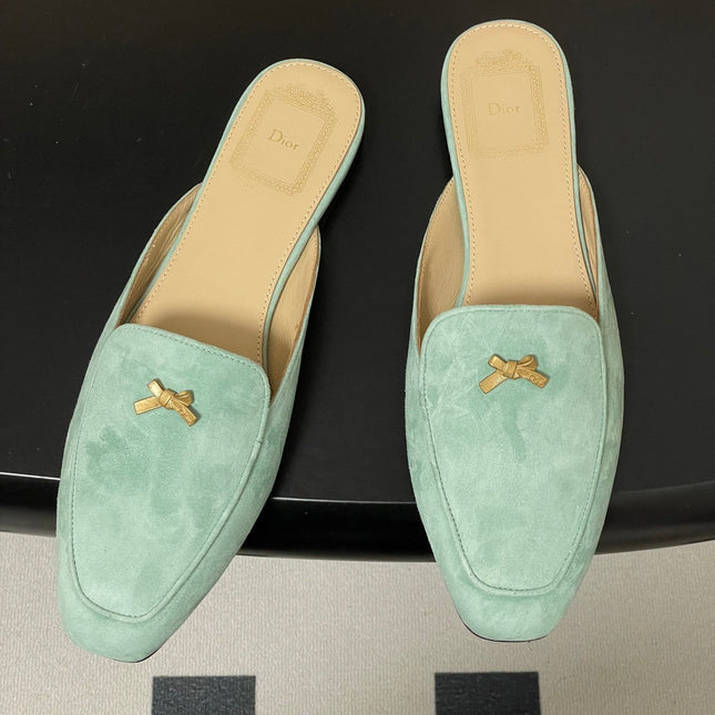 DIOR 26S MULES IN LIGHT MINT GREEN SUEDE WITH BOW