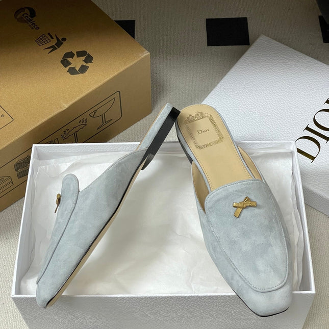 DIOR 26S MULES IN LIGHT BLUE GRAY SUEDE WITH BOW