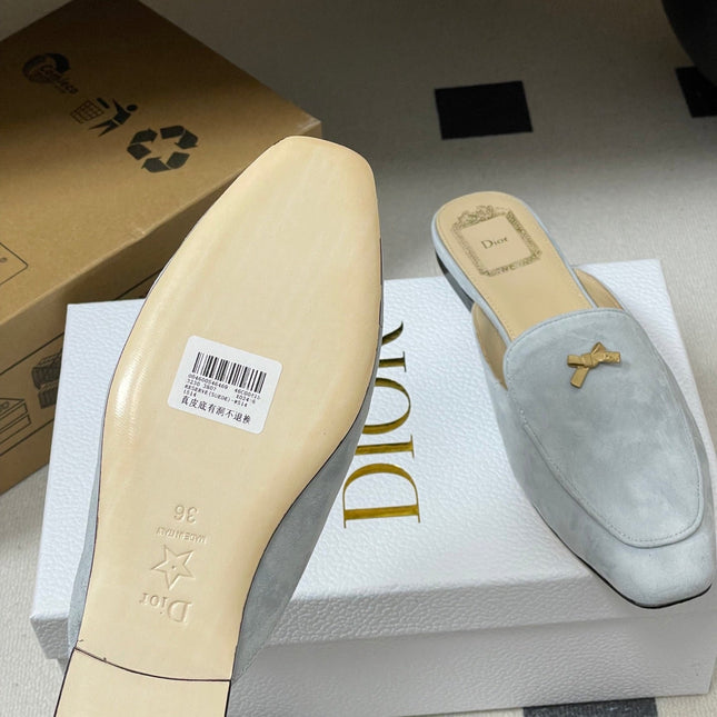 DIOR 26S MULES IN LIGHT BLUE GRAY SUEDE WITH BOW