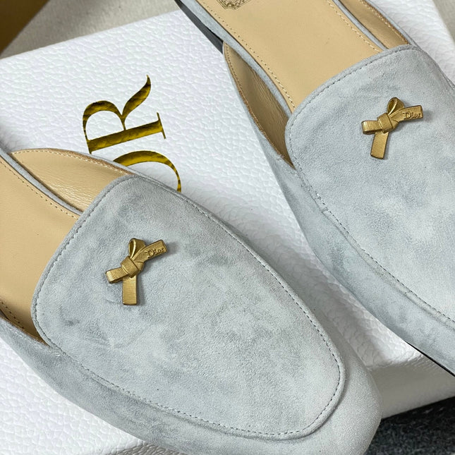 DIOR 26S MULES IN LIGHT BLUE GRAY SUEDE WITH BOW