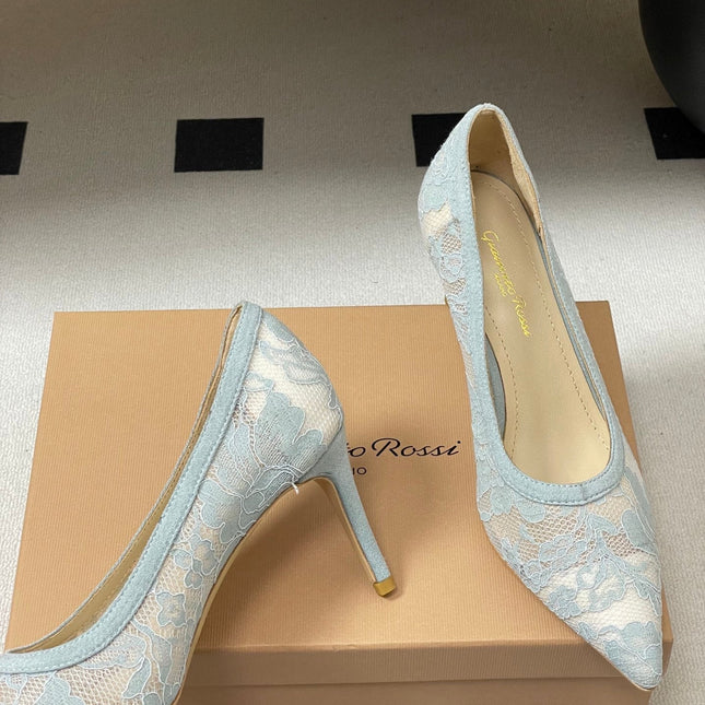 GIANVITO ROSSI 26S HIGH HEELS 85 MM IN LIGHT BLUE LACE