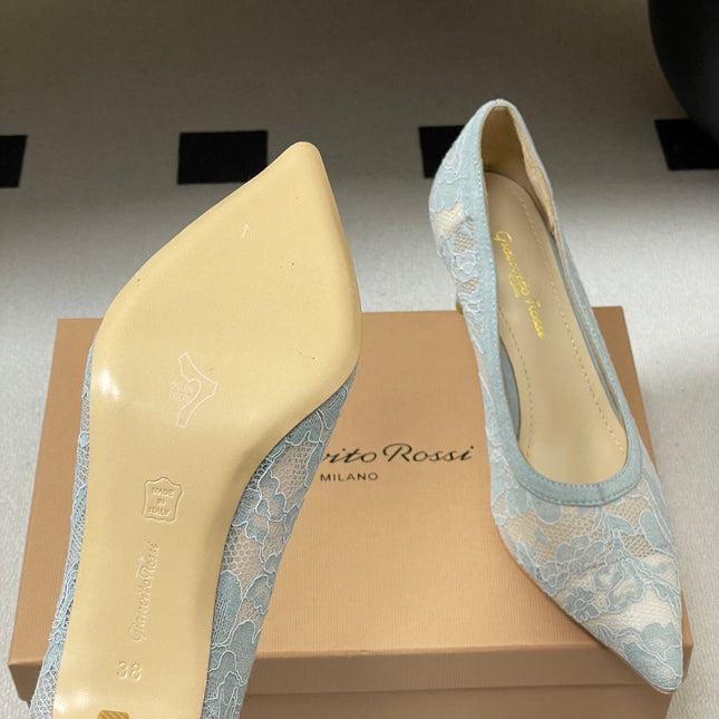 GIANVITO ROSSI 26S HIGH HEELS 85 MM IN LIGHT BLUE LACE