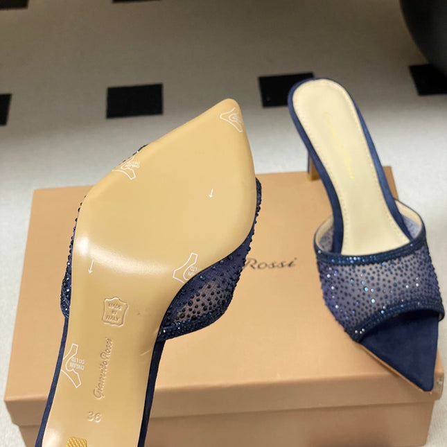 GIANVITO ROSSI 26S HIGH HEELS 85 MM IN NAVY BLUE SUEDE WITH RHINESTONE STRAP