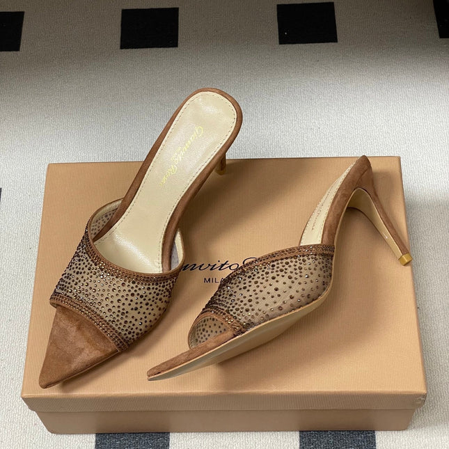 GIANVITO ROSSI 26S HIGH HEELS 85 MM IN BROWN SUEDE WITH RHINESTONE STRAP