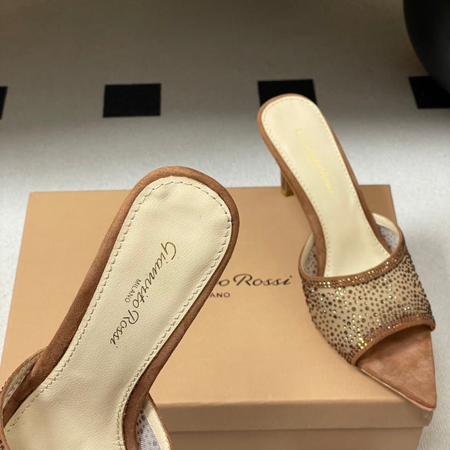 GIANVITO ROSSI 26S HIGH HEELS 85 MM IN BROWN SUEDE WITH RHINESTONE STRAP
