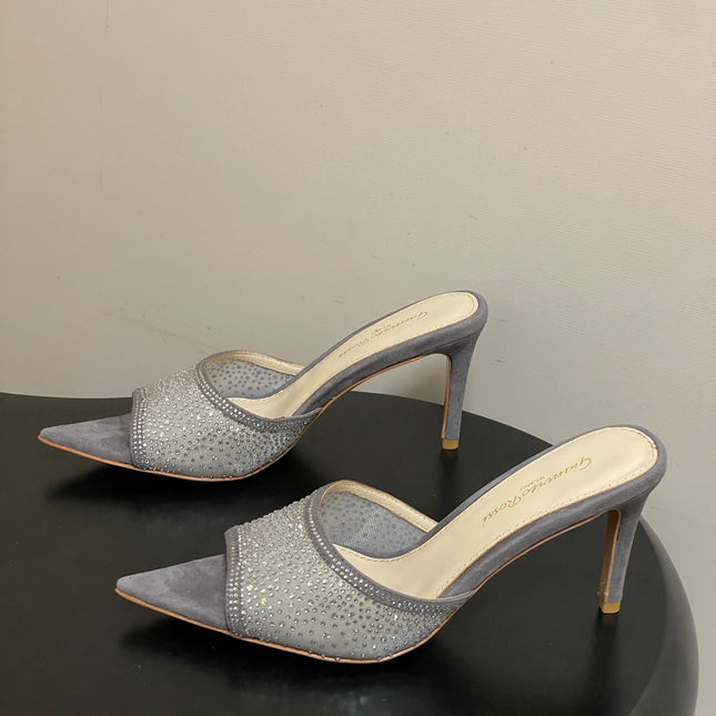 GIANVITO ROSSI 26S HIGH HEELS 85 MM IN GREY SUEDE WITH RHINESTONE STRAP