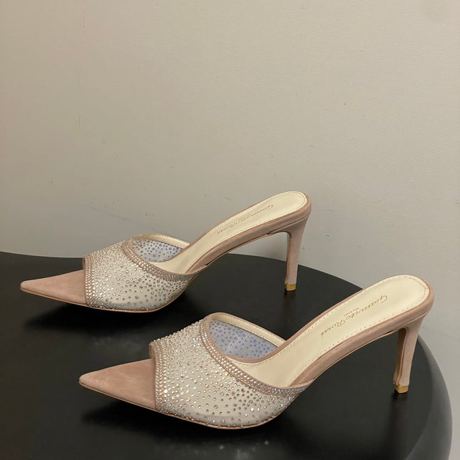 GIANVITO ROSSI 26S HIGH HEELS 85 MM IN NUDE BEIGE SUEDE WITH RHINESTONE STRAP