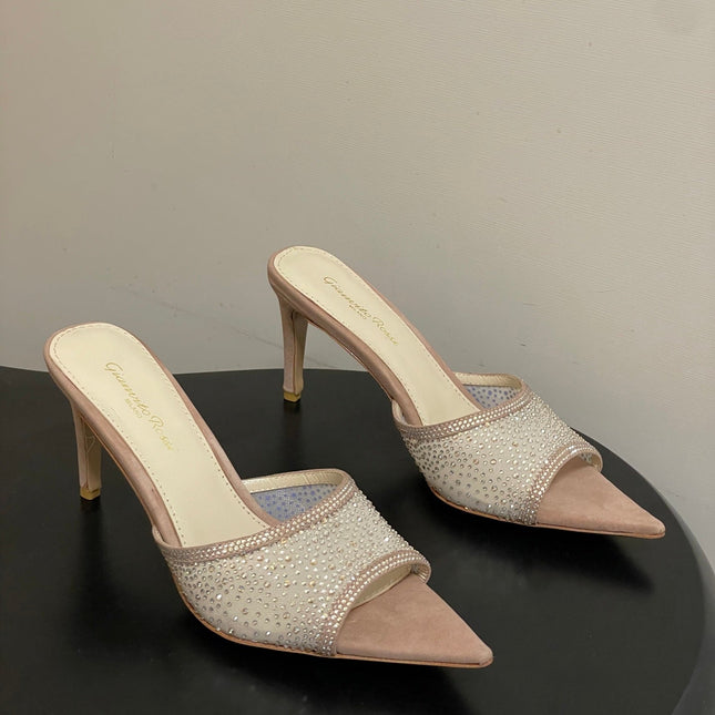 GIANVITO ROSSI 26S HIGH HEELS 85 MM IN NUDE BEIGE SUEDE WITH RHINESTONE STRAP