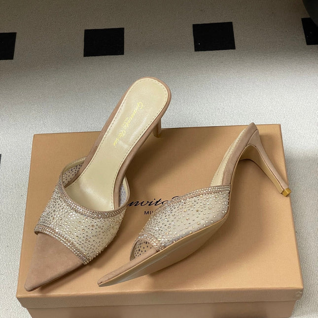 GIANVITO ROSSI 26S HIGH HEELS 85 MM IN NUDE BEIGE SUEDE WITH RHINESTONE STRAP