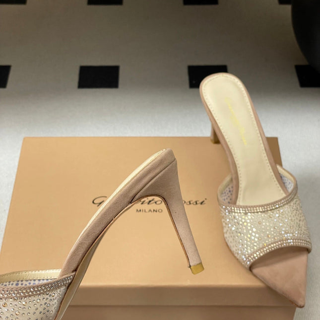 GIANVITO ROSSI 26S HIGH HEELS 85 MM IN NUDE BEIGE SUEDE WITH RHINESTONE STRAP