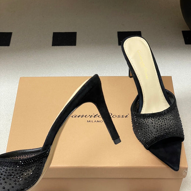 GIANVITO ROSSI 26S HIGH HEELS 85 MM IN BLACK SUEDE WITH RHINESTONE STRAP