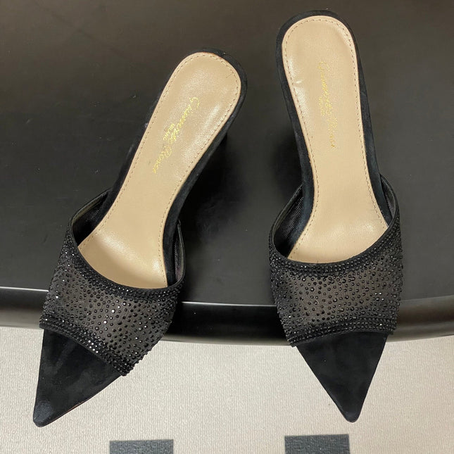 GIANVITO ROSSI 26S HIGH HEELS 85 MM IN BLACK SUEDE WITH RHINESTONE STRAP