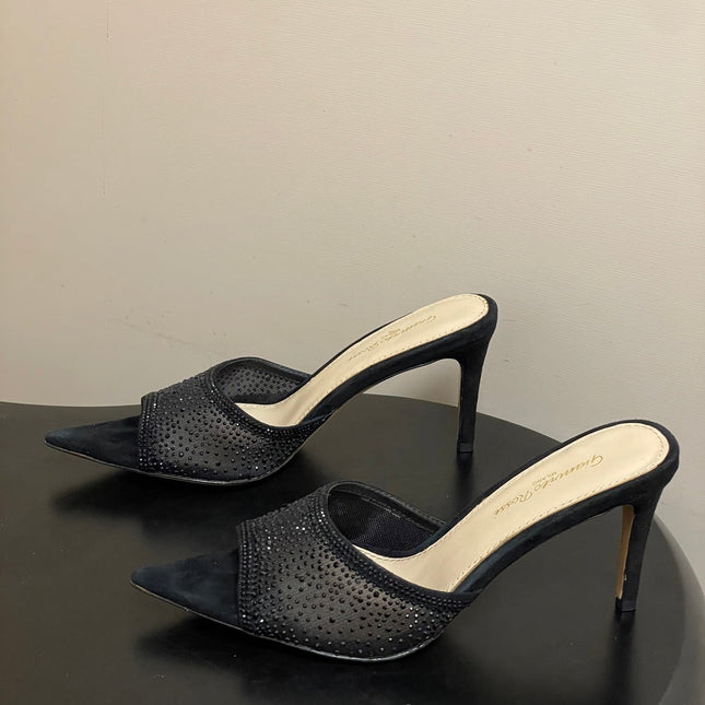 GIANVITO ROSSI 26S HIGH HEELS 85 MM IN BLACK SUEDE WITH RHINESTONE STRAP
