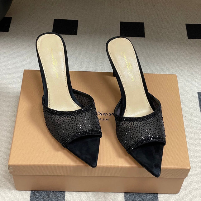 GIANVITO ROSSI 26S HIGH HEELS 85 MM IN BLACK SUEDE WITH RHINESTONE STRAP