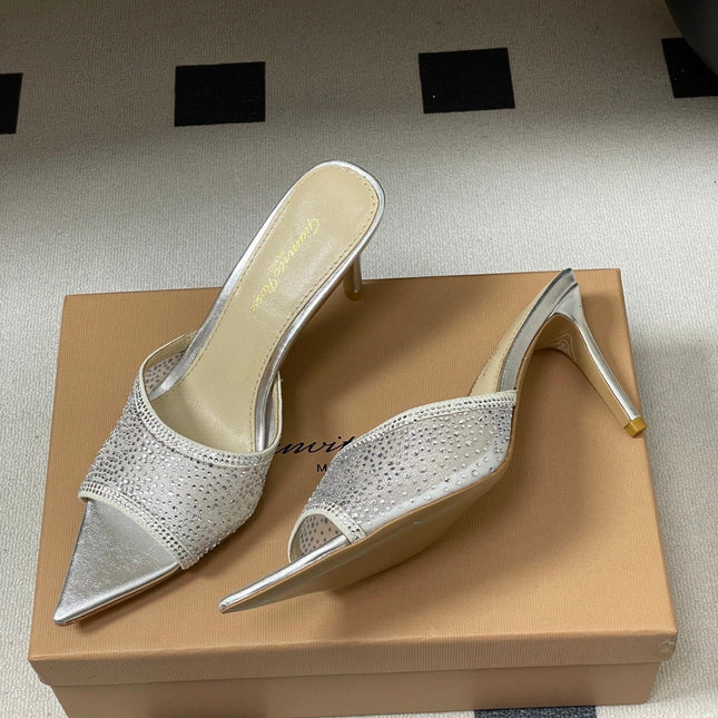 GIANVITO ROSSI 26S HIGH HEELS 85 MM IN SILVER LAMBSKIN WITH RHINESTONE STRAP