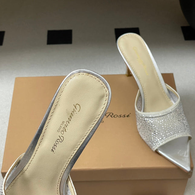 GIANVITO ROSSI 26S HIGH HEELS 85 MM IN SILVER LAMBSKIN WITH RHINESTONE STRAP