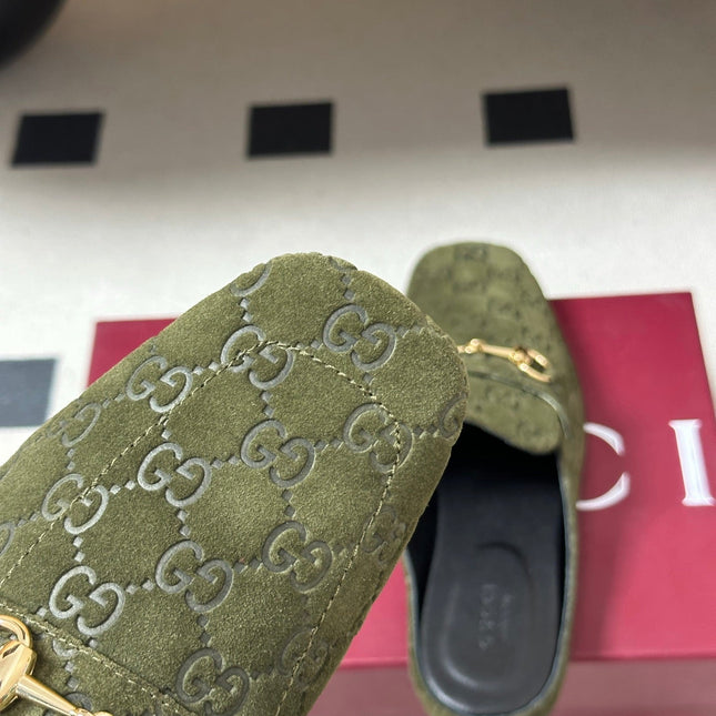 GUCCI 26S HORSEBIT LOAFER MULES IN MOSS GREEN SUEDE