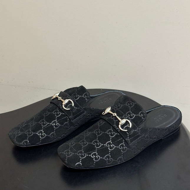 GUCCI 26S HORSEBIT LOAFER MULES IN BLACK SUEDE
