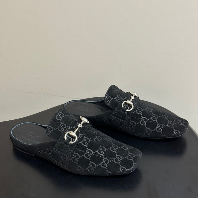 GUCCI 26S HORSEBIT LOAFER MULES IN BLACK SUEDE
