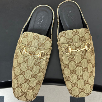 GUCCI 26S HORSEBIT LOAFER MULES IN BEIGE CANVAS