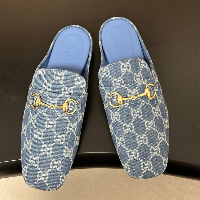 GUCCI 26S HORSEBIT LOAFER MULES IN BLUE DENIM