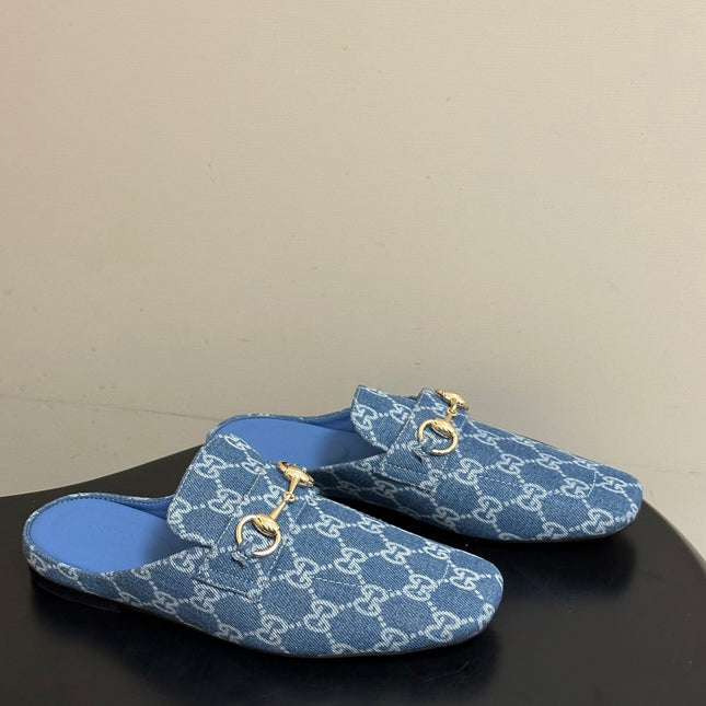 GUCCI 26S HORSEBIT LOAFER MULES IN BLUE DENIM