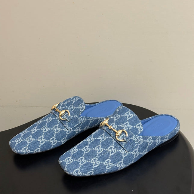 GUCCI 26S HORSEBIT LOAFER MULES IN BLUE DENIM