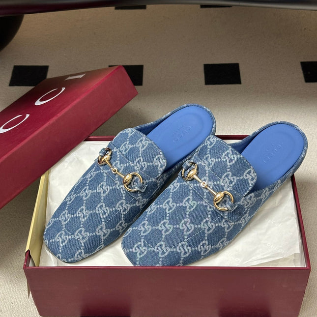 GUCCI 26S HORSEBIT LOAFER MULES IN BLUE DENIM