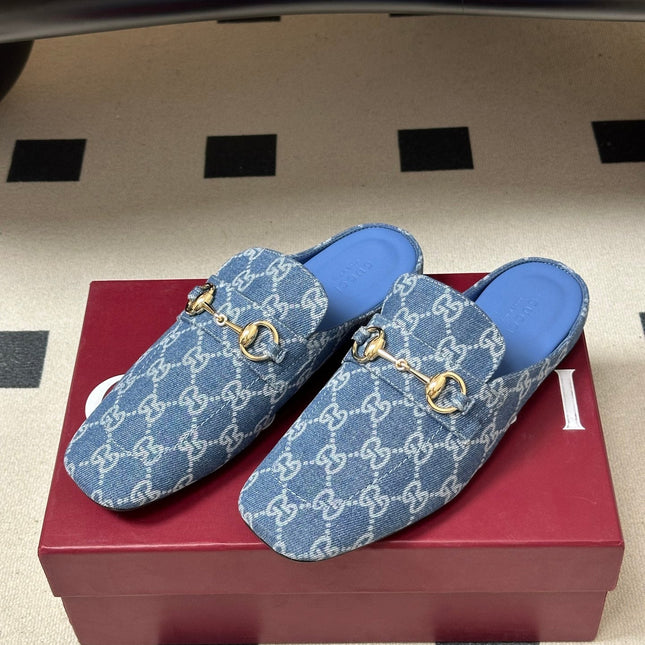 GUCCI 26S HORSEBIT LOAFER MULES IN BLUE DENIM
