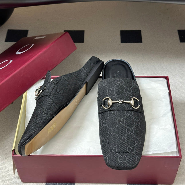 GUCCI 26S HORSEBIT LOAFER MULES IN BLACK CANVAS