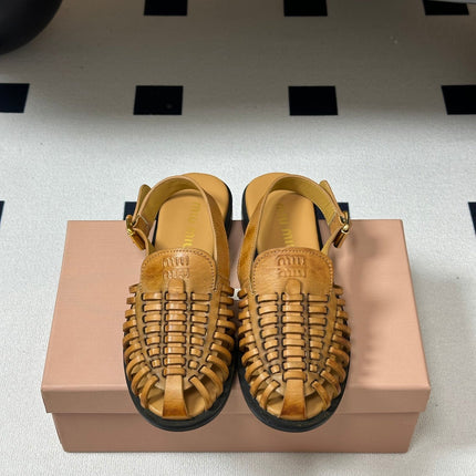 MIUMIU 26S SLINGBACK FISHERMAN SANDALS IN GOLD BROWN CALFSKIN