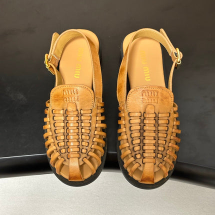 MIUMIU 26S SLINGBACK FISHERMAN SANDALS IN GOLD BROWN CALFSKIN