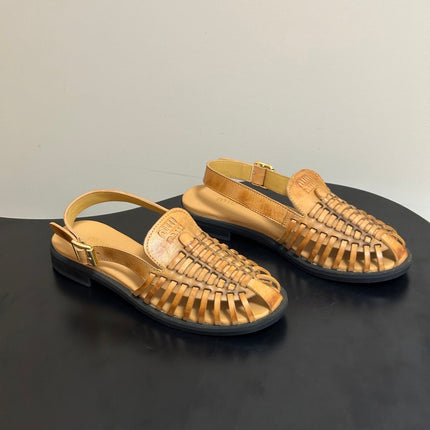 MIUMIU 26S SLINGBACK FISHERMAN SANDALS IN GOLD BROWN CALFSKIN