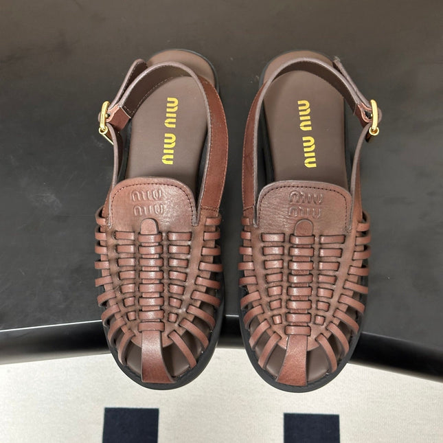 MIUMIU 26S SLINGBACK FISHERMAN SANDALS IN DARK BROWN CALFSKIN